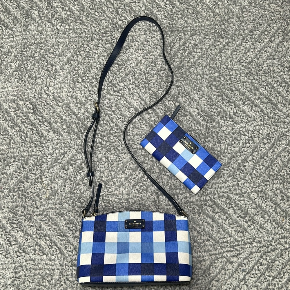 Blue and white Kate Spade purse and wallet set
